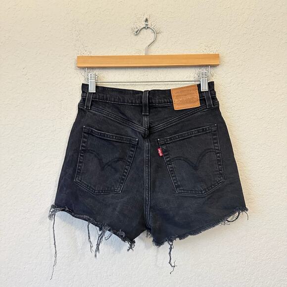 LEVI'S Ribcage Shorts Black Denim Cut Off Frayed High Rise Gothic - Picture 2 of 12